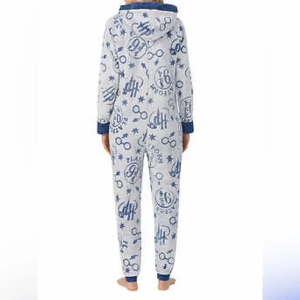 Harry Potter Hogwarts Hooded One-Piece Footie Pajamas - Blue and White Size L